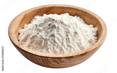 A wooden bowl is prominently displayed, filled with a powdery white substance. The bowl is stationary, with the powder evenly distributed across its surface. On PNG Transparent Clear Background.