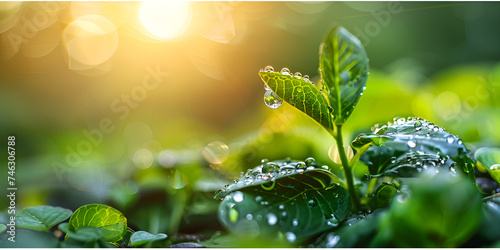 Big transparent raindrops on green leaves in sunlight background.AI Generative 