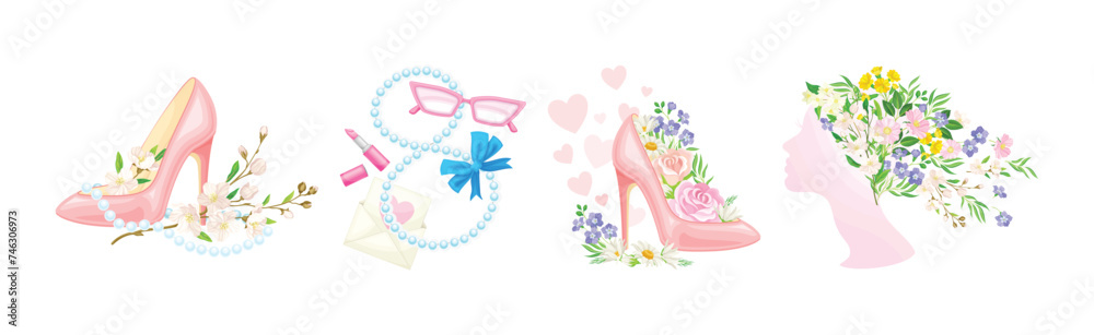 International Woman Day Floral Composition with Feminine Object Vector Set