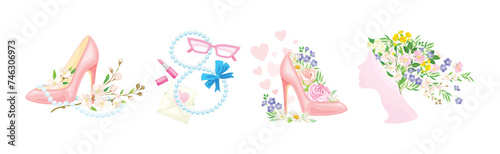 International Woman Day Floral Composition with Feminine Object Vector Set