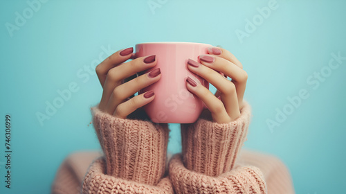 Woman with manicured nails holding a cup, generative ai photo