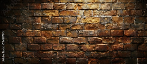 A vintage brick wall, weathered and brown, is illuminated by a bright light casting shadows. The texture of the bricks is highlighted, creating a striking contrast between light and dark.