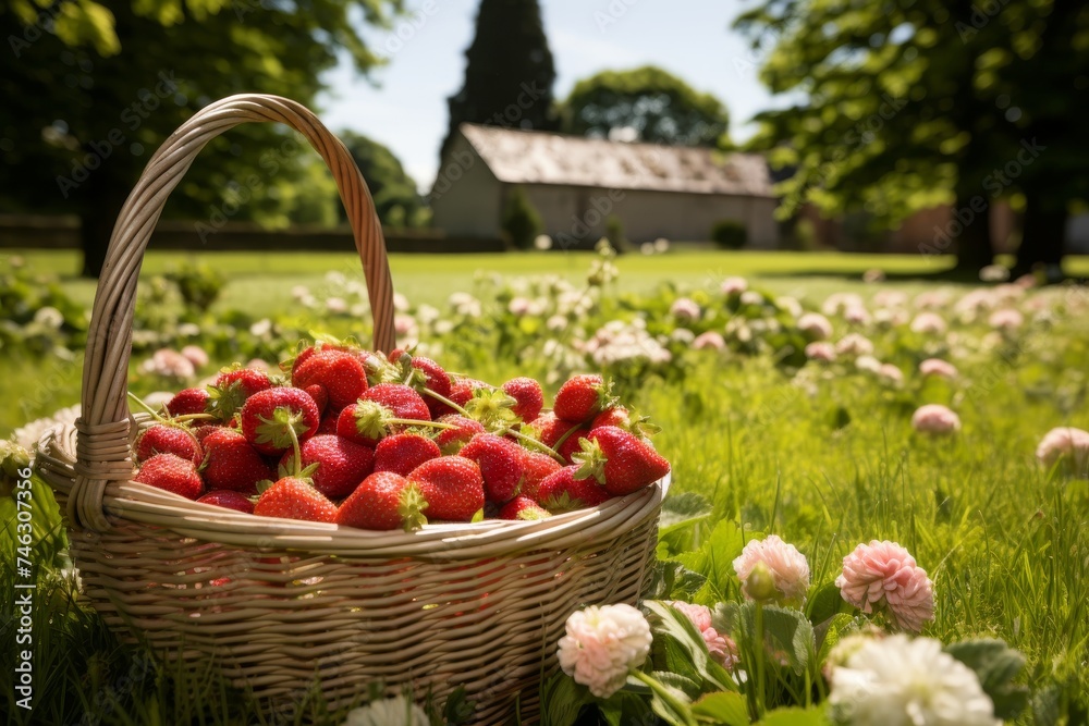 Ripe strawberries in a basket on green grass lawn with some berries spilled and scattered Ripe strawberries in a basket on green grass lawn with some berries spilled and scattered
