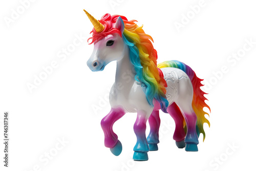 Toy Horse With Multicolored Mane. The toy stands on a flat surface  showcasing its realistic details and dynamic appearance. On PNG Transparent Clear Background.