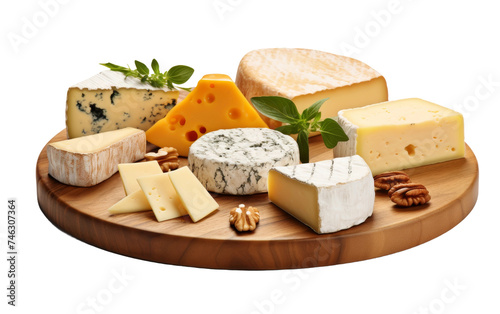 A variety of cheeses, including cheddar, brie, and gouda, neatly arranged on a rustic wooden platter. Each cheese has a different texture and color. On PNG Transparent Clear Background.