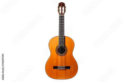 A small acoustic guitar with a wooden body. The guitars compact size and rich wood grain are highlighted, showcasing its craftsmanship and traditional design. On PNG Transparent Clear Background.