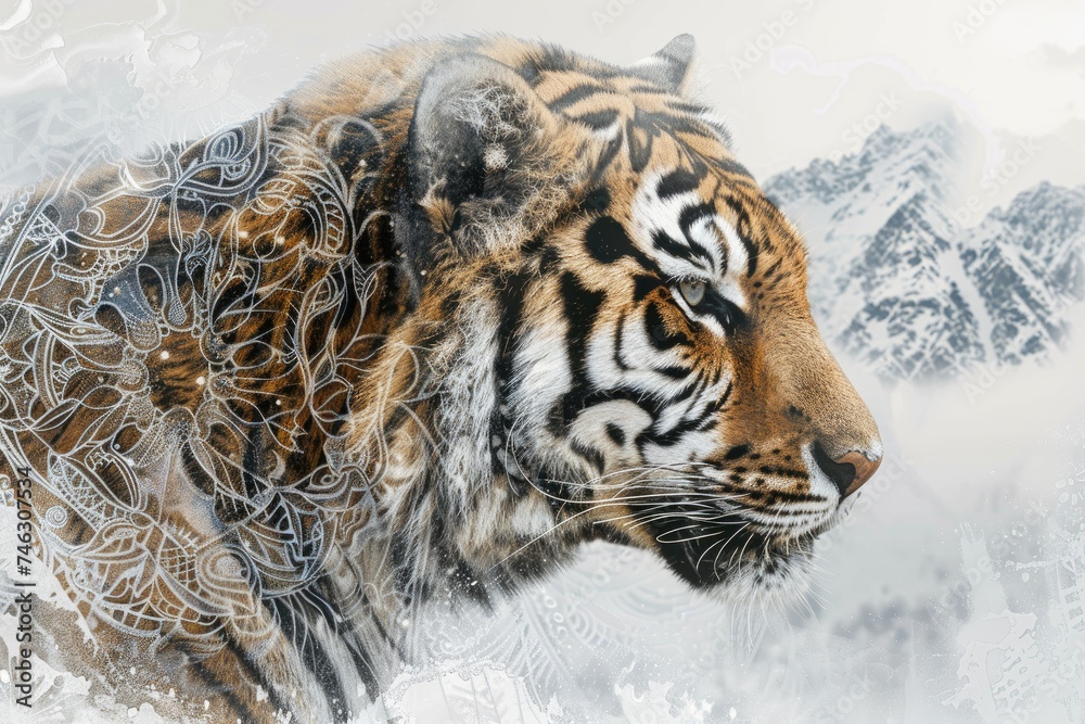 Obraz premium A tiger overlaid with the intricate patterns of a mandala design in a double exposure