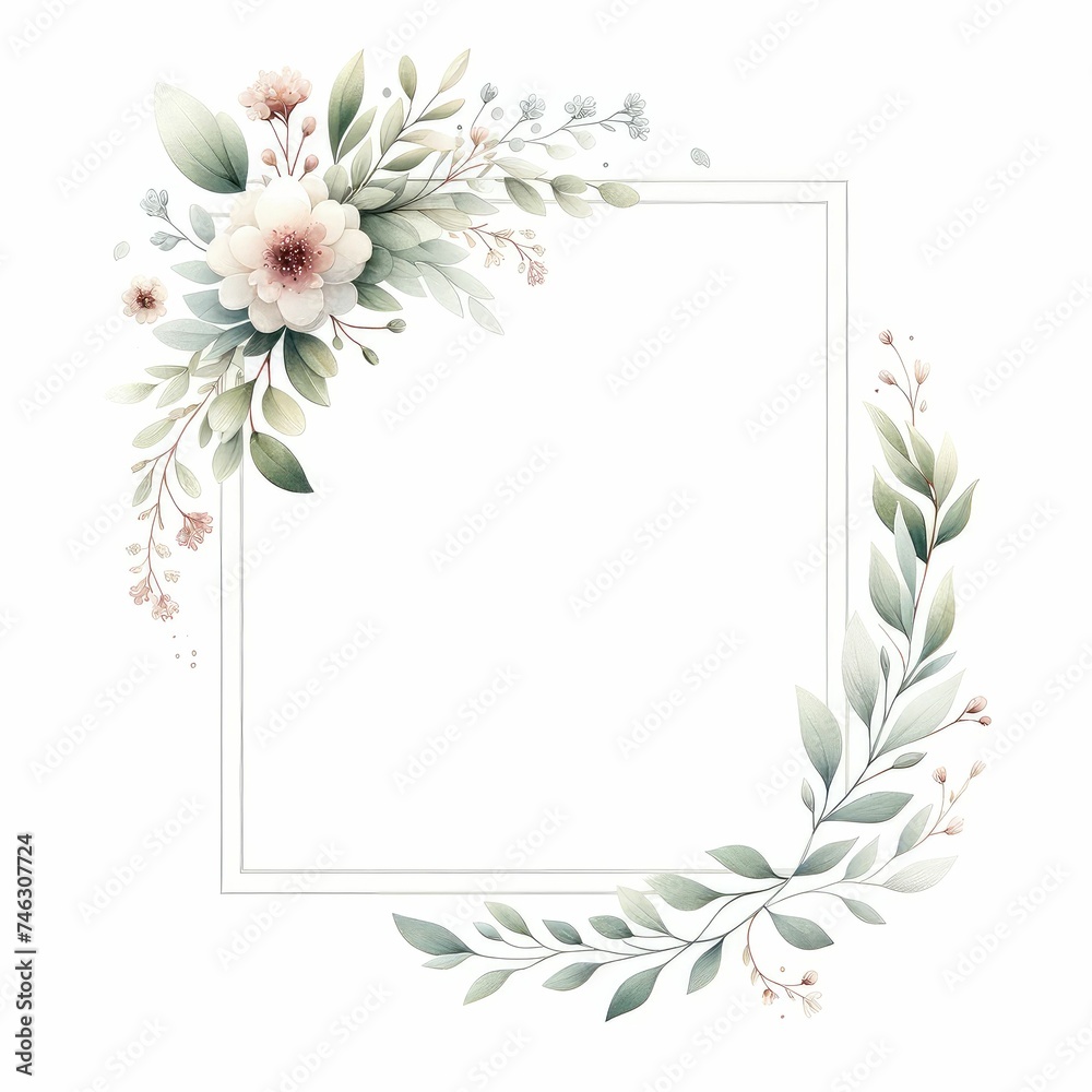Digital frame and border with floral themes.  watercolor illustration, place for text for wedding invitation, invite card, banner, poster, sticker, cover. Digital spring border.