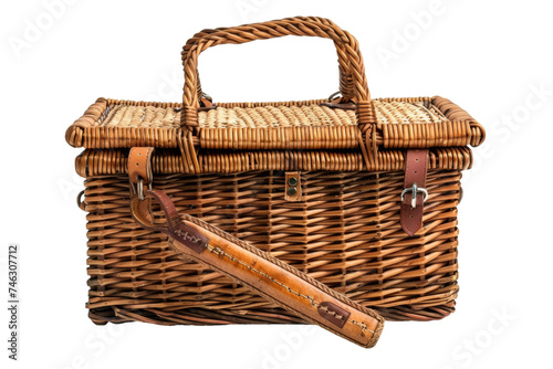 Wicker Picnic Basket With Wooden Handle. A wicker picnic basket with a sturdy wooden handle sits on a grassy field. The basket is empty. On PNG Transparent Clear Background.