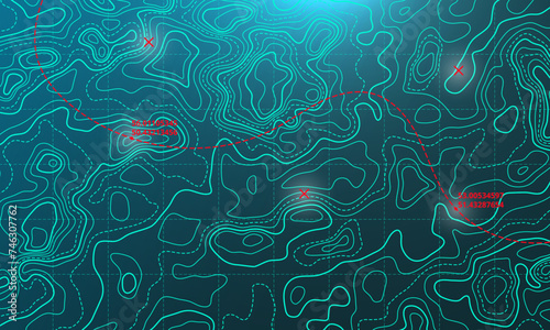 Ocean bottom topographic line map curvy wave isolines vector illustration. Sea depth topographic landscape surface for nautical radar readings. Cartography texture abstract banner relief ocean floor.