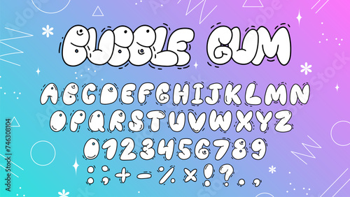 Playful white bubble font inspired by 90s and Y2K themes. Puffy cartoon letters perfect for trendy and fun designs. Includes uppercase letters, numbers, and symbols.