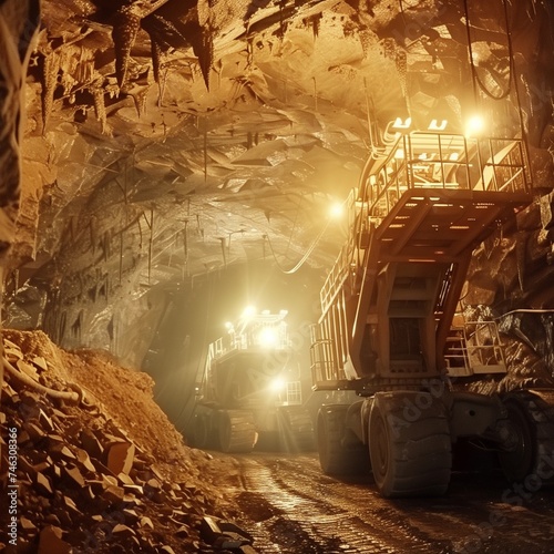 Deep beneath the earth's surface, in the dimly lit depths of a vast underground cavern, intricate machinery hums softly as it extracts precious resources from the earth