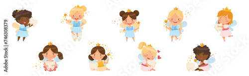 Cute Little Tooth Fairy with Baby Teeth and Magic Wand Vector Set