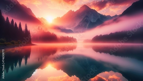 Sunrise Serenity: Captivating Harmony Between Dawn's Radiance and a Mountain Lake's Tranquil Beauty