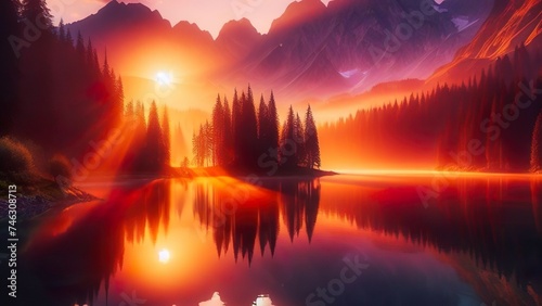 Sunrise Serenity  Captivating Harmony Between Dawn s Radiance and a Mountain Lake s Tranquil Beauty