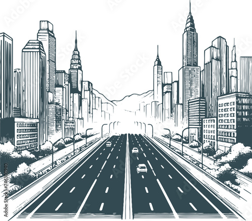 city road highway between high-rise buildings of the city vector monochrome drawing