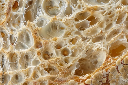 High magnification image of a slice of bread showcasing yeast cells and gluten network in detail