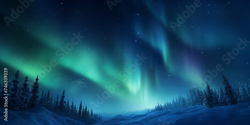 Aurora Borealis in the winter sky with empty space for text ,winter fairytale night atmosphere © Muhammad