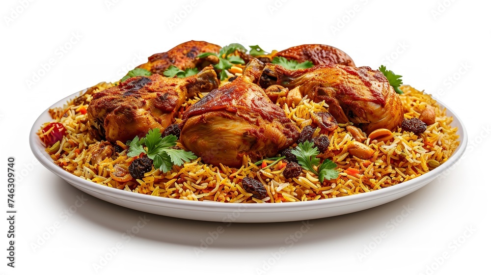 Chicken Kabsa or Chicken Biryani Isolated on White Background Chicken Kabsa or Chicken Biryani Isolated on White Background