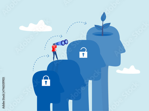 businessman use telescope climb up head human to see Growth mindset concept vector illustrator