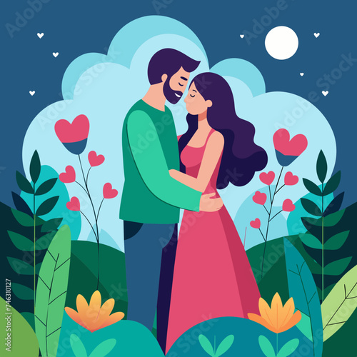 A couple sharing a romantic moment in a garden. vektor illustation