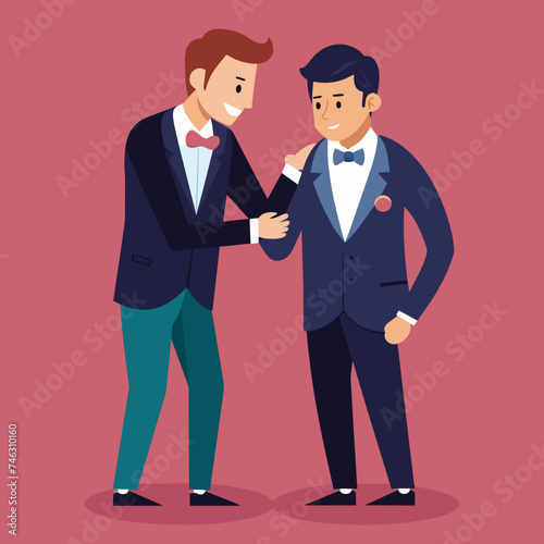 A groomsmen helping the groom with his cufflinks. vektor illustation