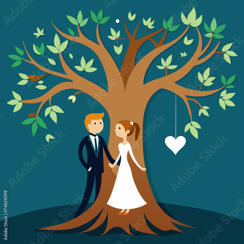 A bride and groom's initials carved into a tree. vektor illustation