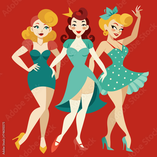 Retro pin-up girls in party attire. vektor illustation