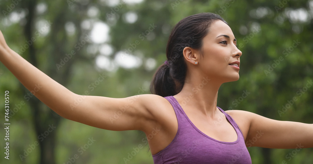 Fototapeta premium Representation of a healthy lifestyle, featuring a serene woman symbolizing mental well-being and self-improvement.