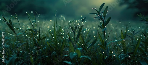 The image shows a vast field of vibrant green grass, each blade adorned with glistening water droplets. The droplets reflect light, creating a shimmering effect across the landscape. © 2rogan