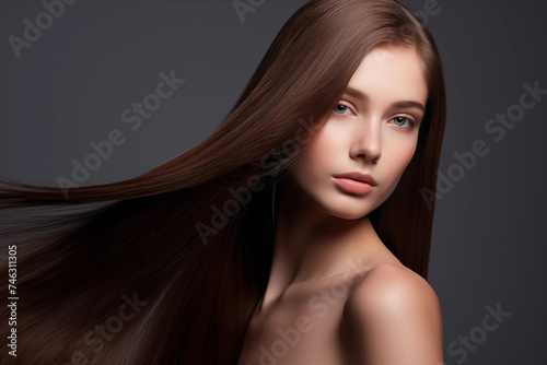 Long Healthy Straight Hair. Skin natural beauty,  smooth skin for Care and hair products. Model girl, woman. photo