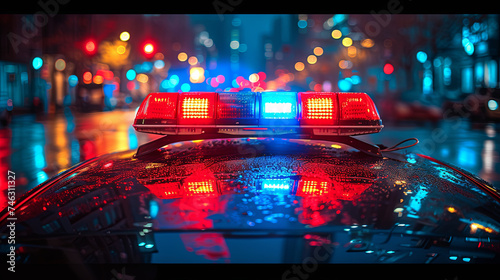 A police car's flashing light is referred to as a siren, emergency light, or a special light alarm. Set against the backdrop of a nighttime city.