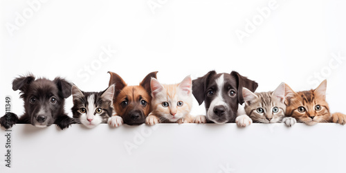 Dog and cat on white background. Shelter pets, animals. Veterinary, zooclinic, goods for animals.