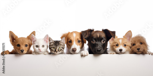 Dog and cat on white background. Shelter pets, animals. Veterinary, zooclinic, goods for animals.