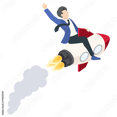 ロケットに乗り突き進むサラリーマンのイラスト