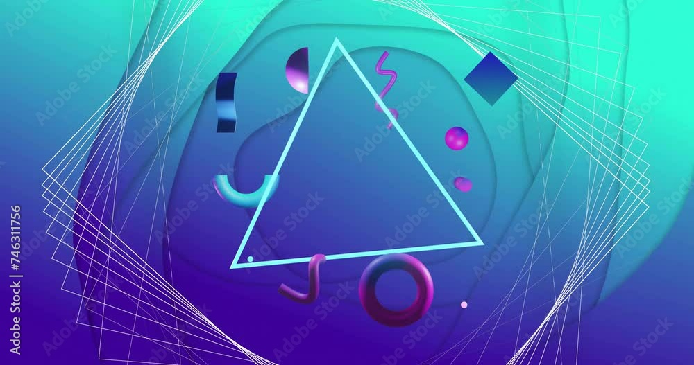 Animation of 3d network structure with rotating triangle and 3d shapes on abstract blue background