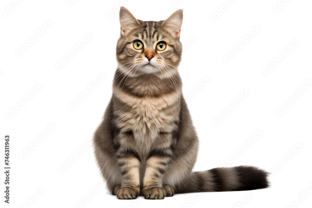 A cat is sitting down and staring directly at the camera, with its ears perked up and its eyes focused. The felines body language exudes curiosity and alertness. On PNG Transparent Clear Background.