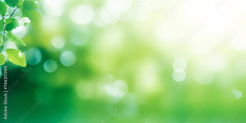 Fototapeta premium green leaves blurred light background, green Spring bokeh nature abstract background , green leaves with sunlight , banner