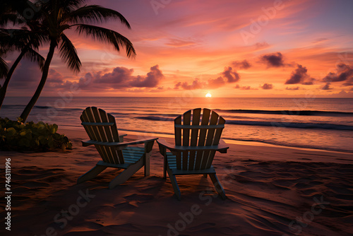 Serene Late Afternoon at a Tropical Beach: Palm Trees, Calm Ocean, and a Spectacular Sunset