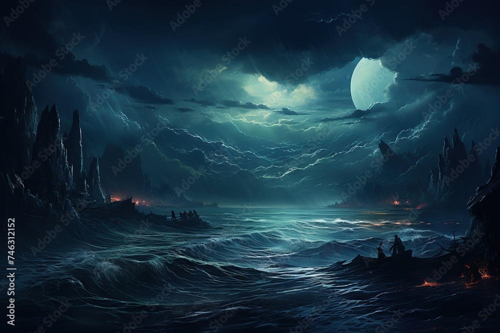Mystical Moonlit Ocean with Dramatic Sky Art. 