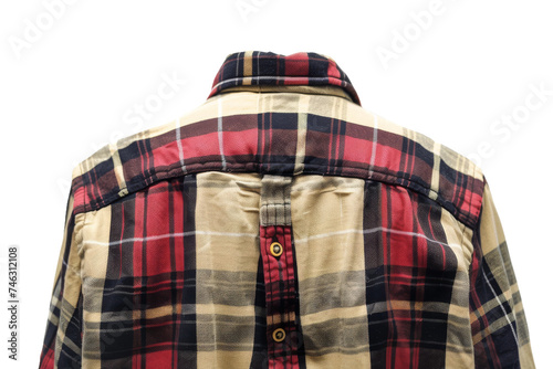 Red and Black Plaid Shirt With Buttons. A red and black plaid shirt with buttons is laid out flat. The shirt features a traditional pattern in bold colors. On PNG Transparent Clear Background.