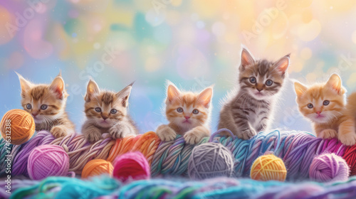 group of playful kitten friends romping and tumbling amidst colorful yarn balls and toys as a charming poster for kids' bedrooms. photo
