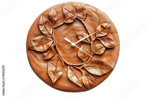 Wooden Clock With Leaves. A wooden clock adorned with intricate leaves design, adding a touch of nature to the timepiece. On PNG Transparent Clear Background.