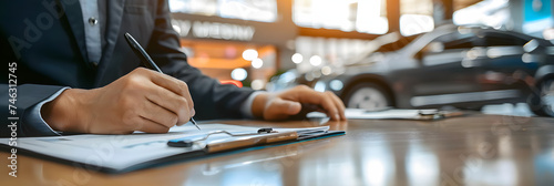 Car dealer signs a contract for a new car at a car showroom. The motive for purchasing a new car at an authorized showroom photo