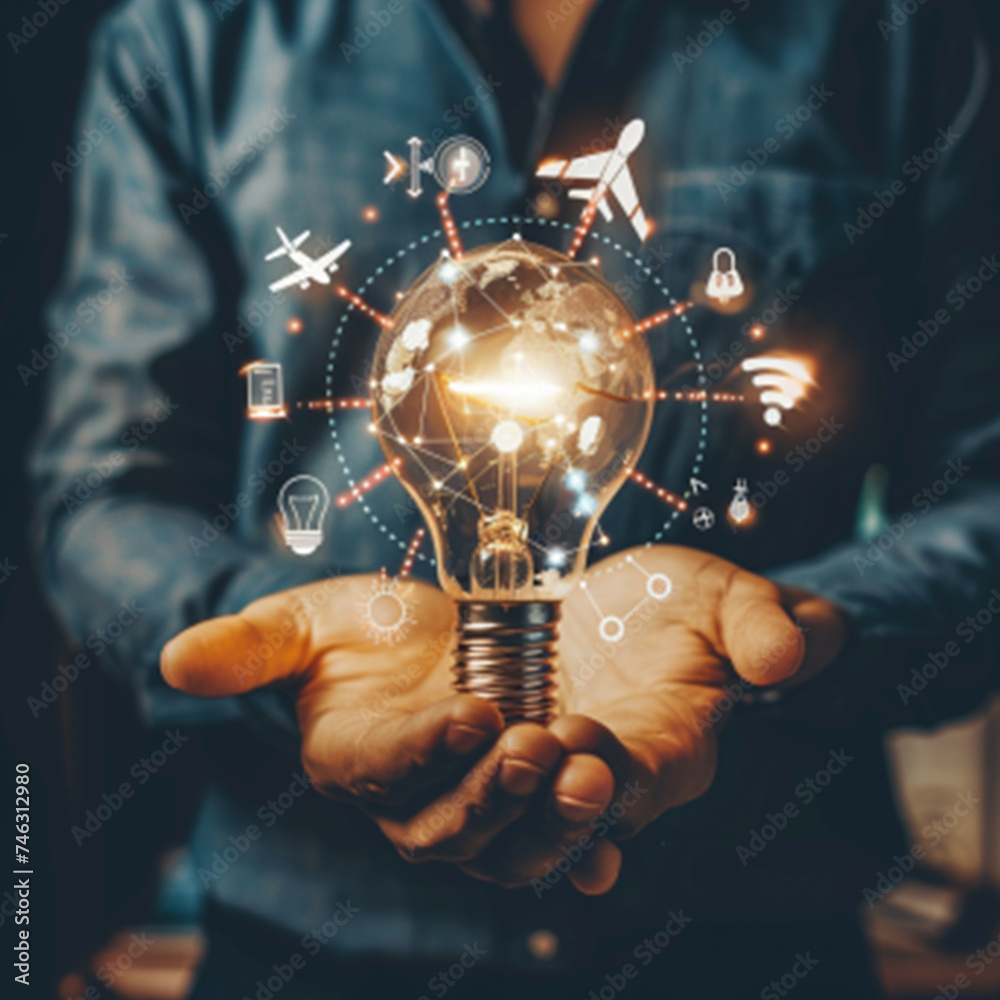 Businessman holding creative light bulb with growth graph and aerospace icons. Leveraging aerospace innovation technology  pioneer new solutions and advancements that elevate successful  ai technology - obrazy, fototapety, plakaty 