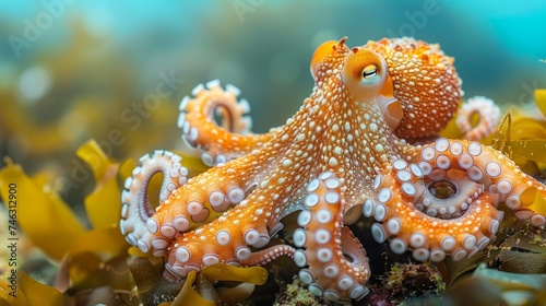 Octopus vulgaris in natural habitat, dynamic pose, aquatic mystery, detailed suction cups, serene oceanic background, captivating, AI Generative © sorapop
