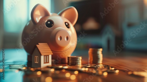 piggy bank with coins and a house icon, AI Generative