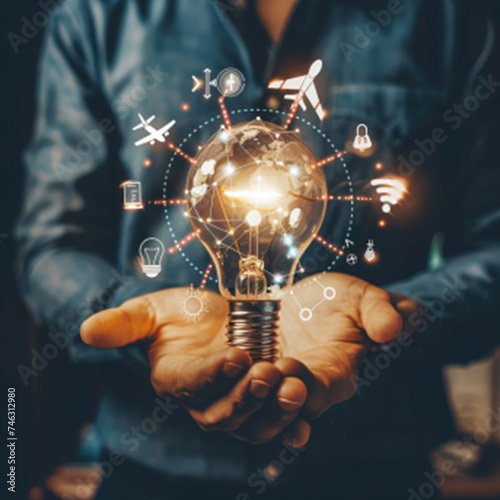 Businessman holding creative light bulb with growth graph and aerospace icons. Leveraging aerospace innovation technology  pioneer new solutions and advancements that elevate successful  ai technology