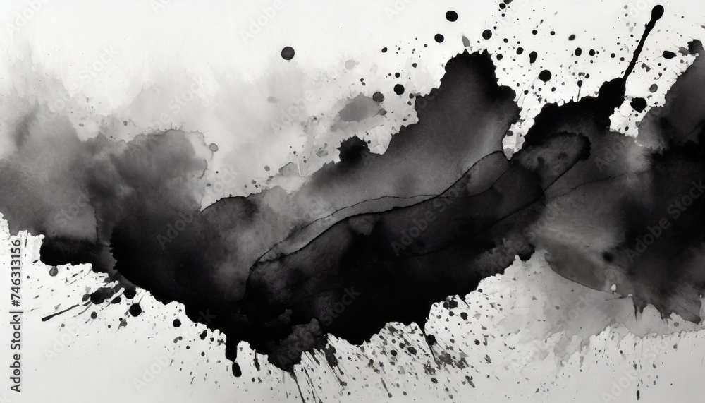 Arrière-plan en encre ou aquarelle abstraite de tache et goutte de mélange de gris et noir, sur un fond de papier blanc - obrazy, fototapety, plakaty 