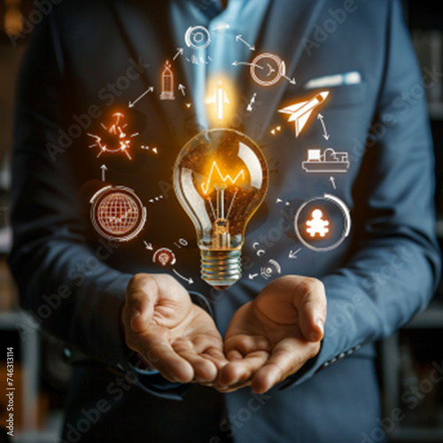 Businessman holding creative light bulb with growth graph and aerospace icons. Leveraging aerospace innovation technology pioneer new solutions and advancements that elevate successful ai technology